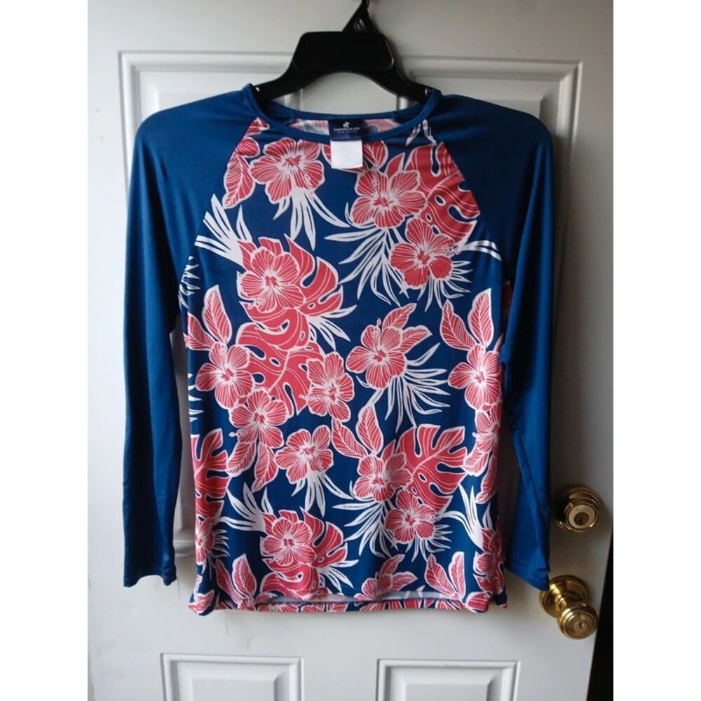 Caribbean Joe Navy Floral Long-Sleeve Swim Coverup